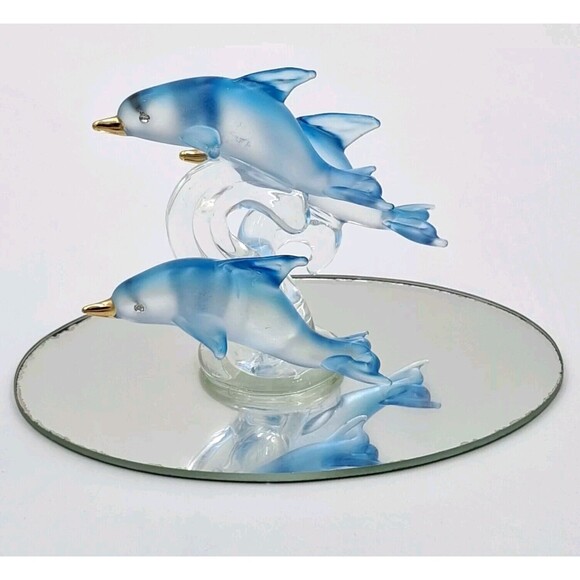 Vtg Blue Dolphins Glass Figurine Dolphin Trio on Mirror Base 3 1/4in tall" - Picture 7 of 13